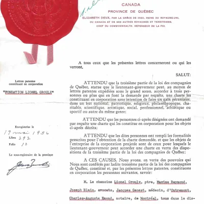 Lettres patentes de la Fondation Lionel Groulx